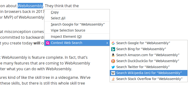 Screenshot of the context menu entries of the Context Web Search Firefox addon