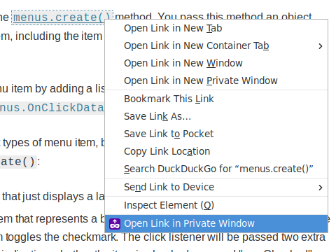 Screenshot of the context menu entries of the Open Incognito Firefox addon